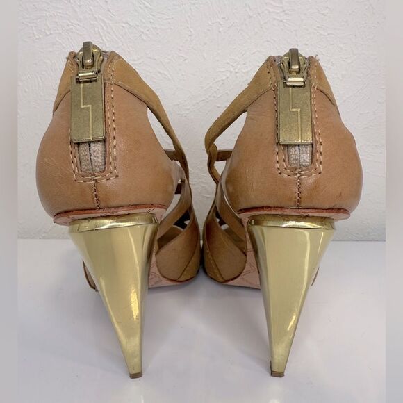 L.A.M.B. Dominica Tan Peep-Toe Gold Heel size 7 - Picture 5 of 6
